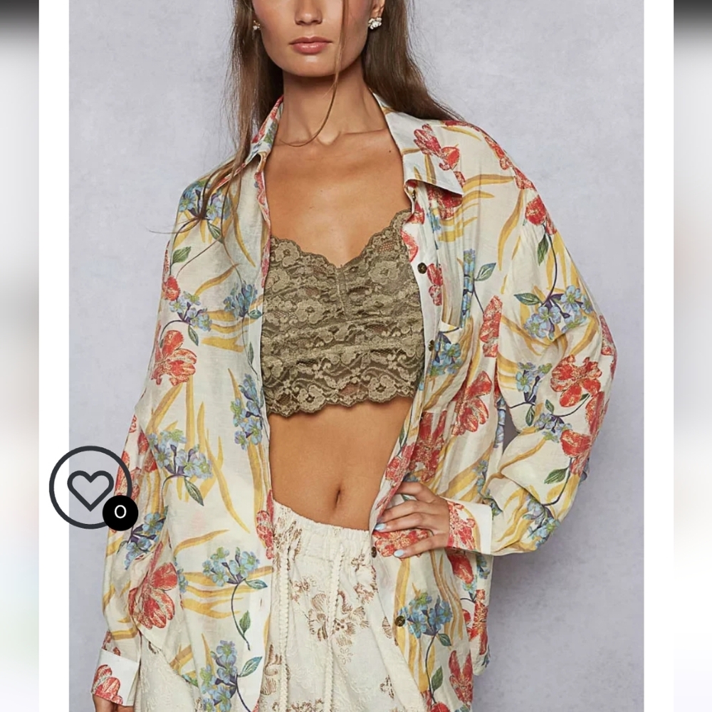 VTG Gottex 100% Silk Floral Sheer Button-Up Blouse Size L